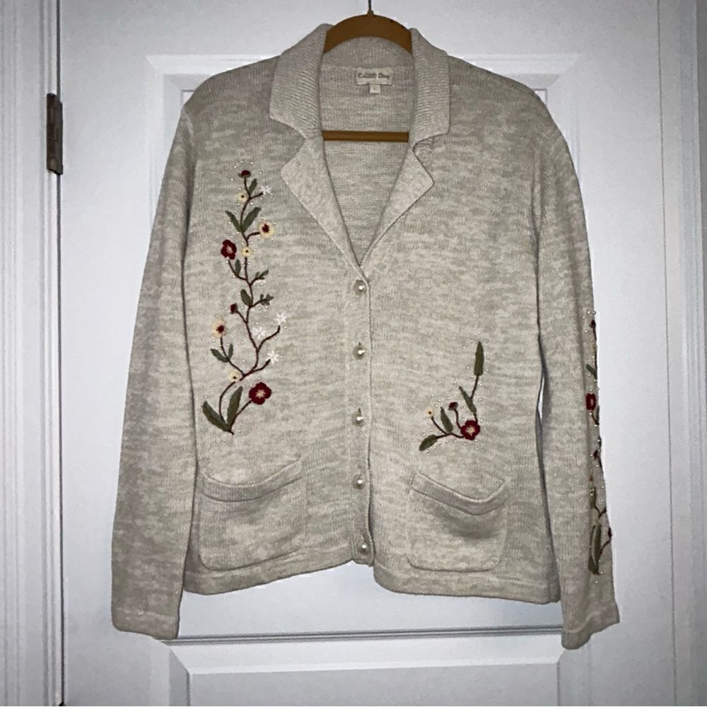 Through the Country Door Embroidered Faux Pearl Button Front Cardigan Sweater